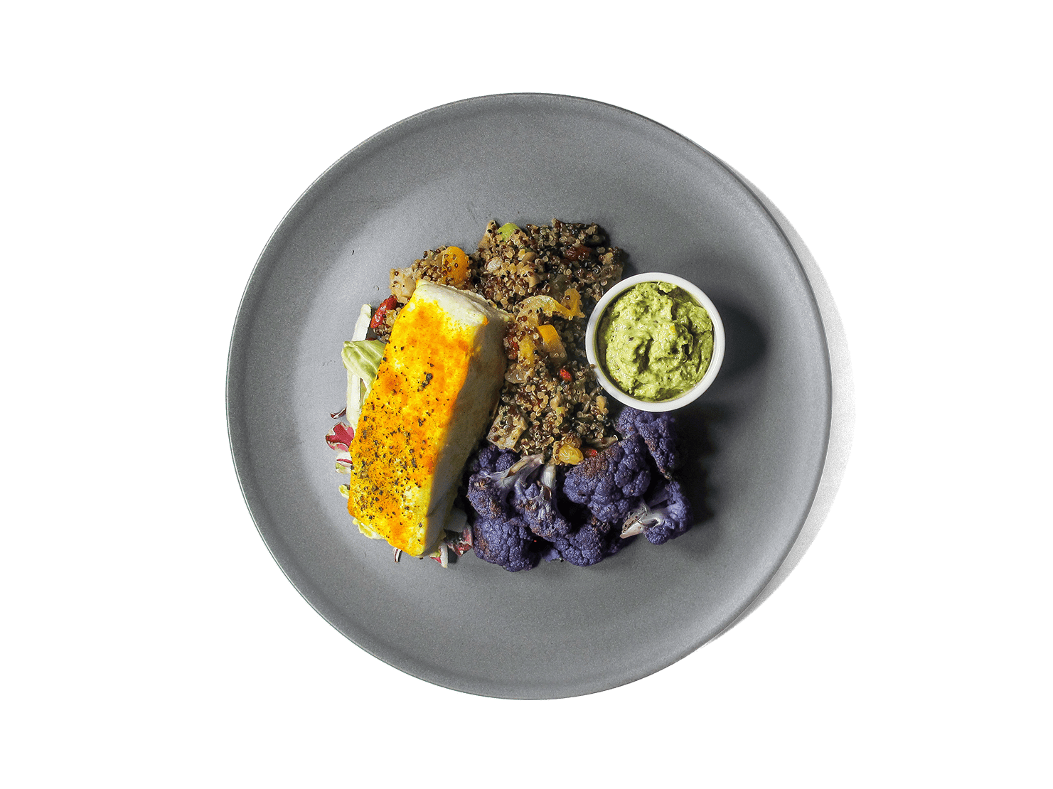Golden turmeric-roasted halibut meets a nourishing bone broth quinoa pilaf, infused with sweet goji berries, apricots, and golden raisins. Vibrant purple cauliflower and nutrient-rich super greens add color and depth, while a creamy pistachio pesto ties it all together. Packed with anti-inflammatory ingredients and high-quality protein, this dish is as satisfying as it is nourishing.