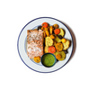 Tenderleaf's Salmon Plate features a juicy, perfectly roasted salmon fillet served with tender potatoes, vibrant rainbow carrots, and a zesty chimichurri sauce. This dish offers a harmonious blend of rich, savory flavors and fresh, colorful vegetables for a satisfying and well-balanced meal.