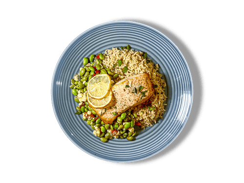 Wild salmon fillet paired with wholesome bone broth rice and a vibrant edamame succotash. This nutrient-packed dish combines delicate flavors and textures for a light yet satisfying dining experience.