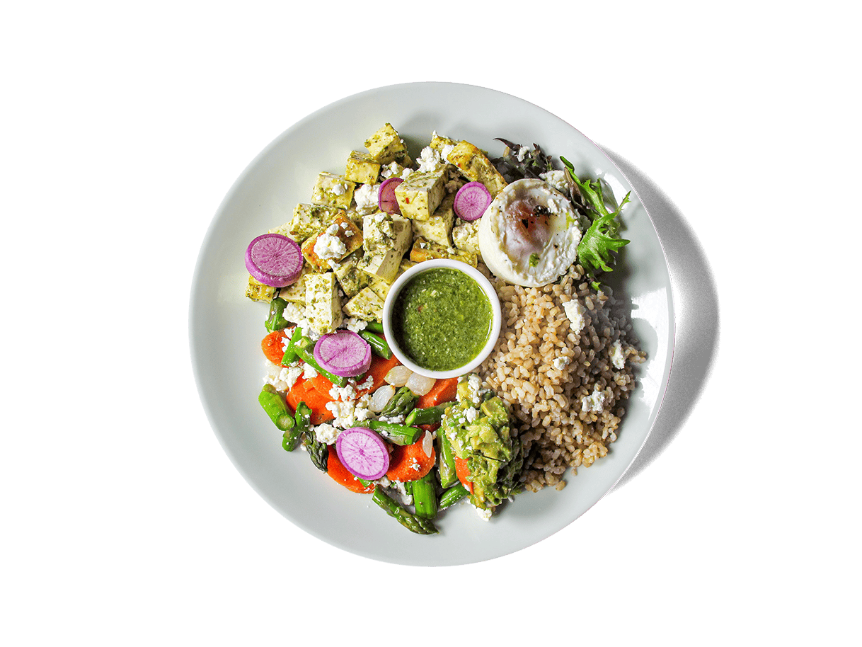 Image of Organic Baked Hodo Tofu Pesto Bowl on a plate