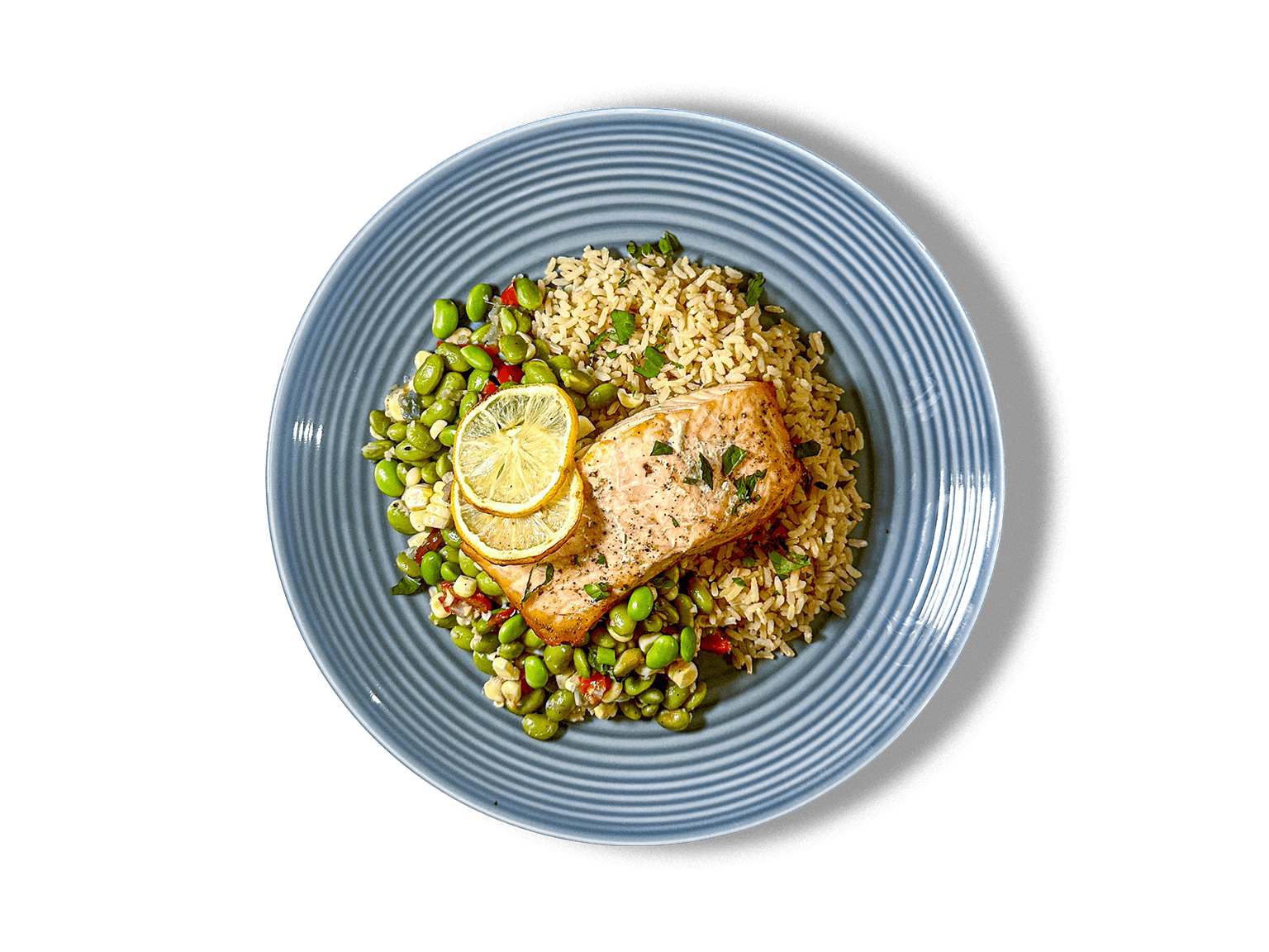 Wild salmon fillet paired with wholesome bone broth rice and a vibrant edamame succotash. This nutrient-packed dish combines delicate flavors and textures for a light yet satisfying dining experience.