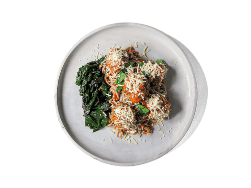 Savory turkey meatballs made from a nutrient-rich blend of ground turkey, mushrooms, oats, and hemp seeds, baked to perfection. Served with a creamy vodka sauce over wholesome buckwheat noodles, alongside sautéed rainbow chard and broccolini for a vibrant, nutrient-packed boost. High in protein and full of longevity-supporting ingredients, this dish is both satisfying and nourishing.