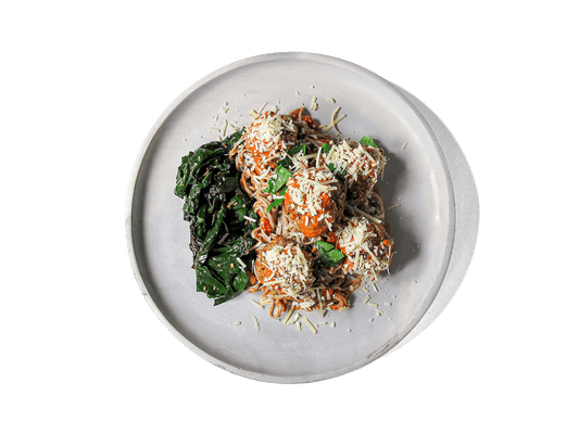 Savory turkey meatballs made from a nutrient-rich blend of ground turkey, mushrooms, oats, and hemp seeds, baked to perfection. Served with a creamy vodka sauce over wholesome buckwheat noodles, alongside sautéed rainbow chard and broccolini for a vibrant, nutrient-packed boost. High in protein and full of longevity-supporting ingredients, this dish is both satisfying and nourishing.