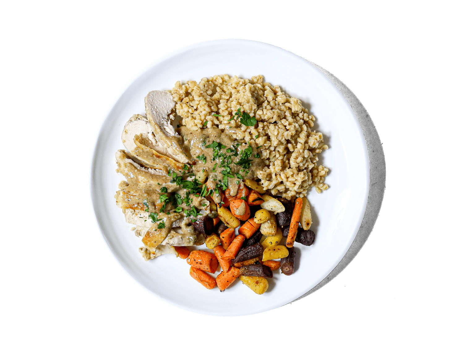 A sophisticated take on a classic Italian dish. Lightly seared, pasture-raised chicken is infused with delicate green tea notes and finished in a bright, lemon-caper sauce. Paired with bone broth-infused Parmesan barley risotto and roasted rainbow carrots, this dish delivers a flavorful balance of richness and freshness, perfect for an elevated, nourishing meal.