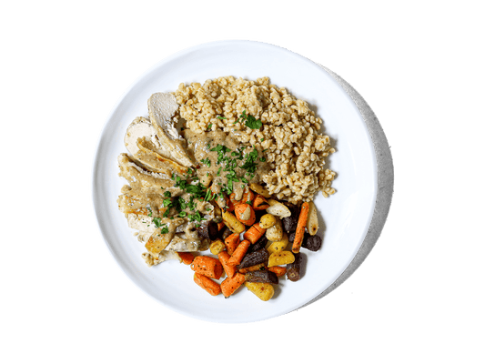 A sophisticated take on a classic Italian dish. Lightly seared, pasture-raised chicken is infused with delicate green tea notes and finished in a bright, lemon-caper sauce. Paired with bone broth-infused Parmesan barley risotto and roasted rainbow carrots, this dish delivers a flavorful balance of richness and freshness, perfect for an elevated, nourishing meal.