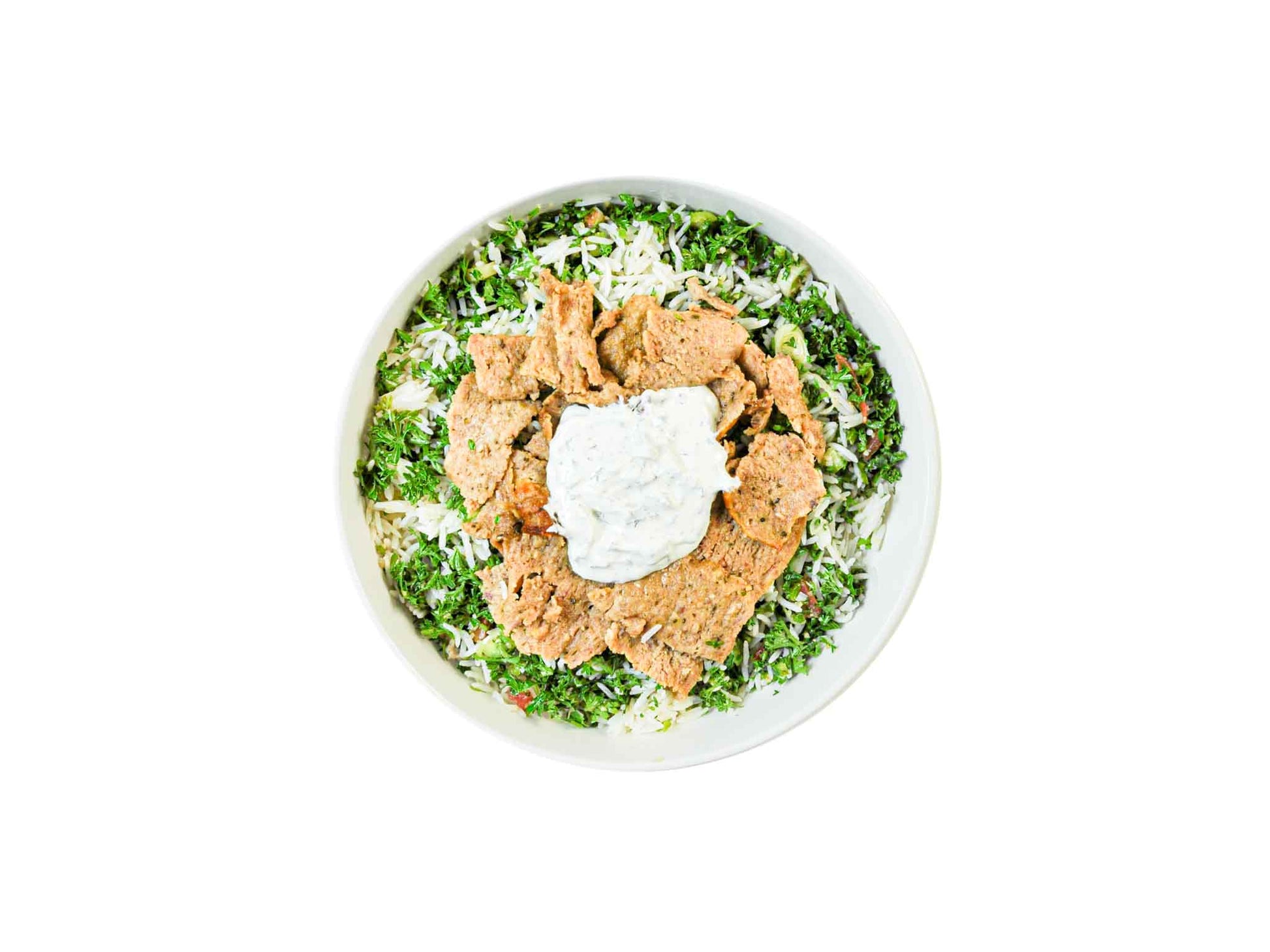 Sumac's Beef and Lamb Gyro Bowl features tender, seasoned beef and lamb over fluffy basmati rice, complemented by a generous serving of creamy tzatziki sauce. This bowl is a deliciously satisfying fusion of bold Mediterranean spices and refreshing flavors.