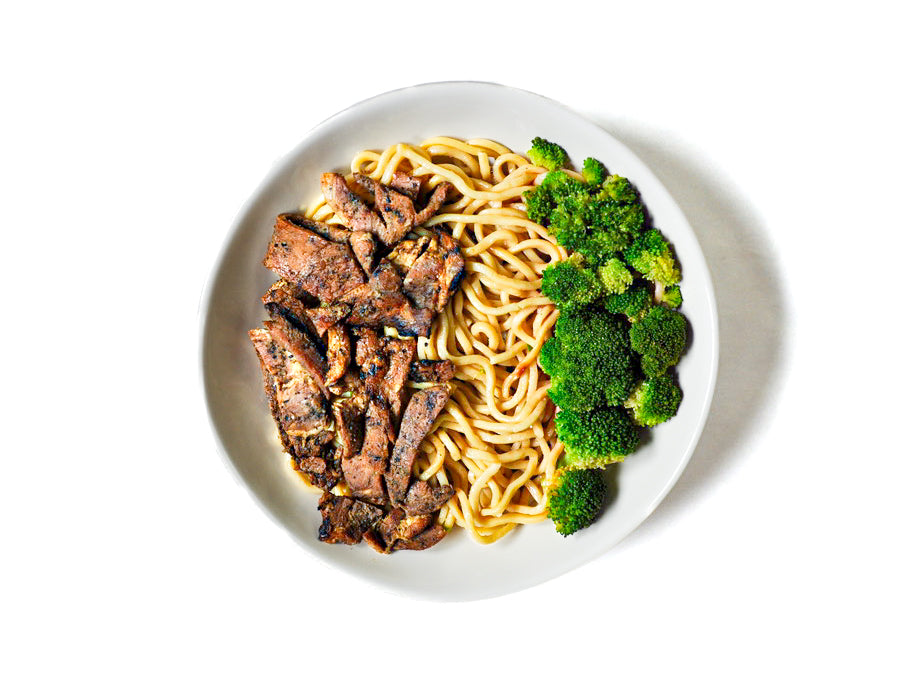 Enjoy a complete and satisfying meal with Perilla's Pork Garlic Noodles, accompanied by tender steamed broccoli. Delight in the savory fusion of flavors as you savor the aromatic pork and garlic-infused noodles, perfectly complemented by the freshness of the steamed broccoli.