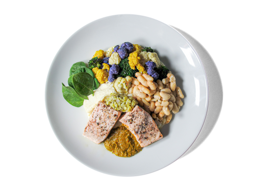 A perfectly seared salmon fillet atop a creamy parsnip purée. Paired with roasted rainbow cauliflower and drizzled with vibrant red chimichurri, this dish delivers a balanced, flavorful, and nutrient-packed meal that delights the palate with every bite.