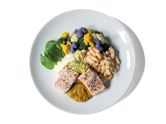 A perfectly seared salmon fillet atop a creamy parsnip purée. Paired with roasted rainbow cauliflower and drizzled with vibrant red chimichurri, this dish delivers a balanced, flavorful, and nutrient-packed meal that delights the palate with every bite.